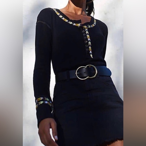 Free People Black Rainbow Embroidered Thermal Knit Henley Top - Picture 4 of 12